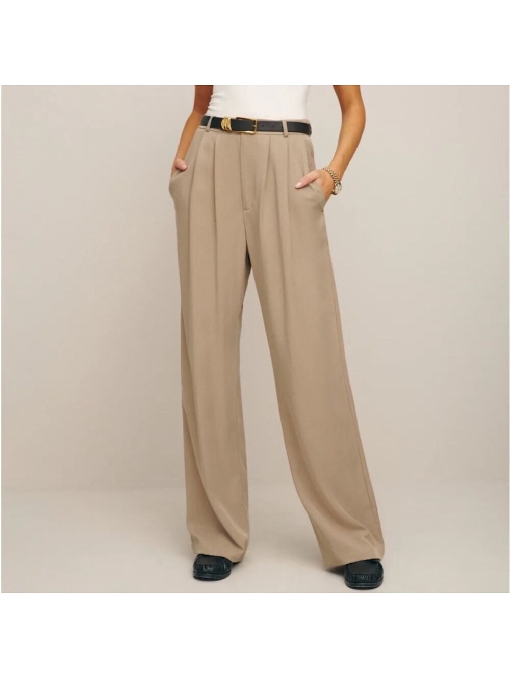 Reformation Mason Pant Khaki Beige Pleat Wide Straight Leg Trousers Size 6 NWOT